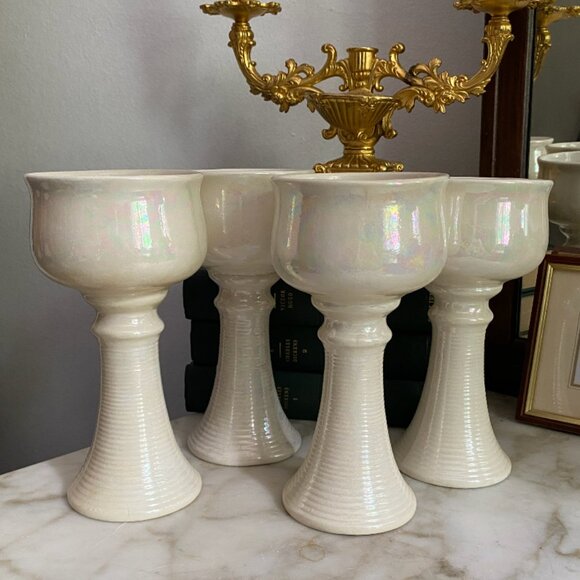 4 Vintage Iridescent White Ceramic handmade Wine Glasses Goblets Signed Sylvie - Picture 1 of 4